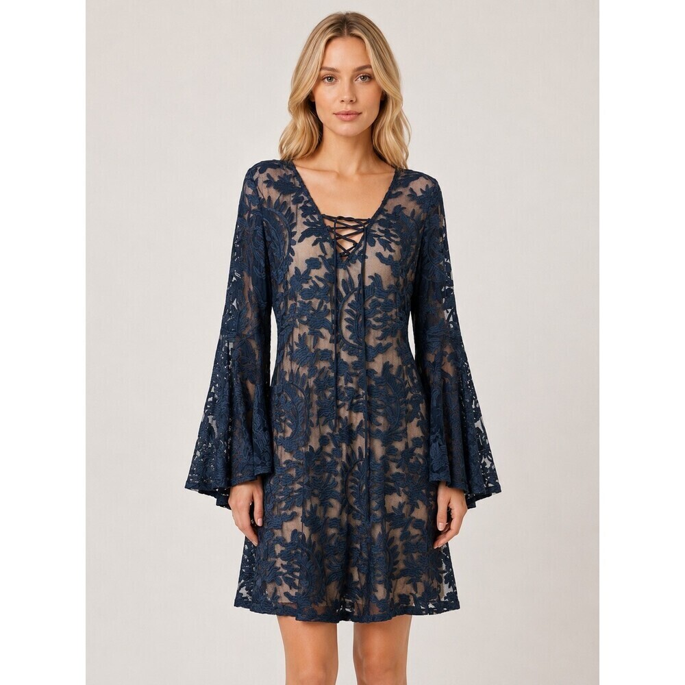 Bronte Everly Navy Blue Lace Bell Sleeve Mini Dress Women's Small wedding guest
